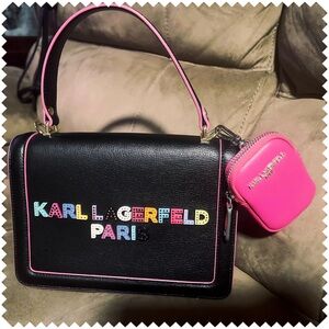 Karl Lagerfeld Black Shoulder Bag with Pink and Multicolor Accents